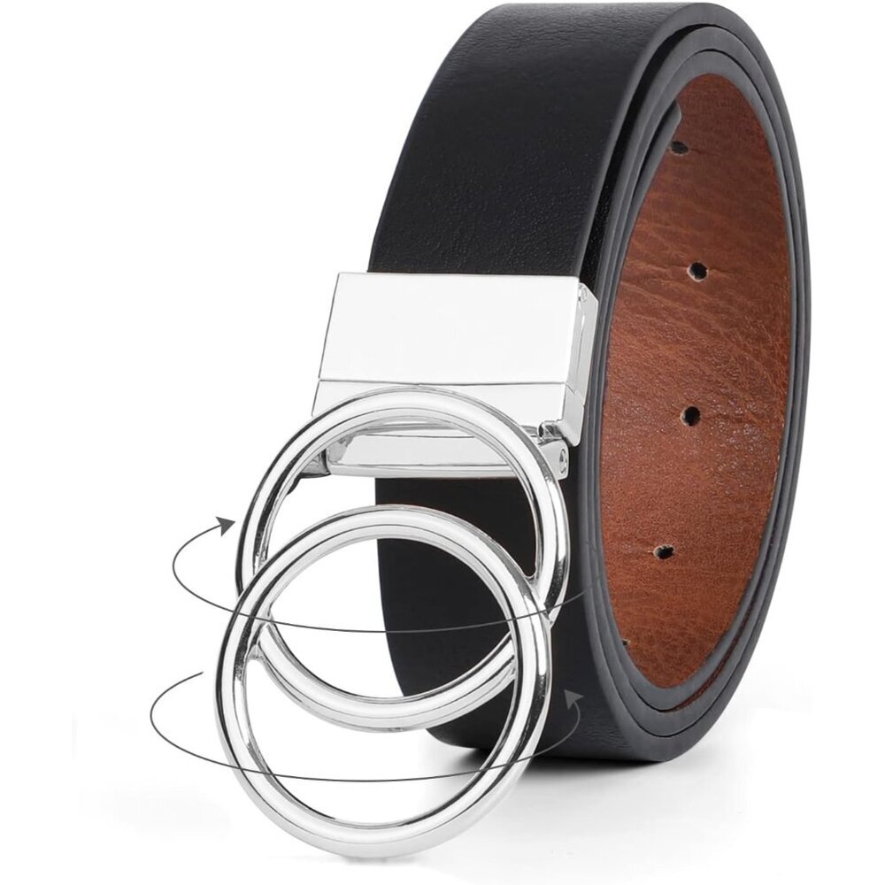 Women Leather Reversible Belt With Gold Double O Ring Buckle Fit 28-44